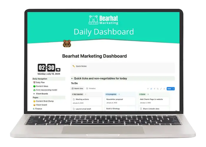 A black laptop screen with a Notion dashboard titled "Bearhat Marketing - Daily Dashboard'