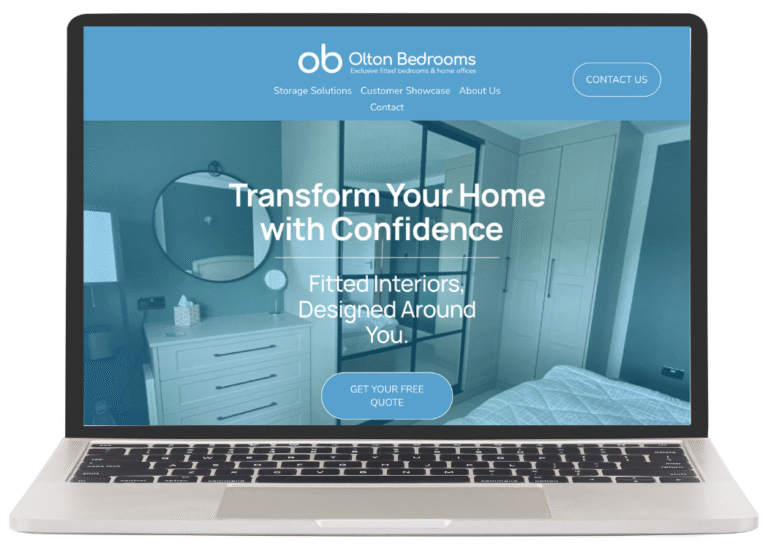 Website screenshot from Bearhat project showing marketing support for trades and home improvement businesses, featuring Olton Bedrooms’ refreshed Squarespace site.