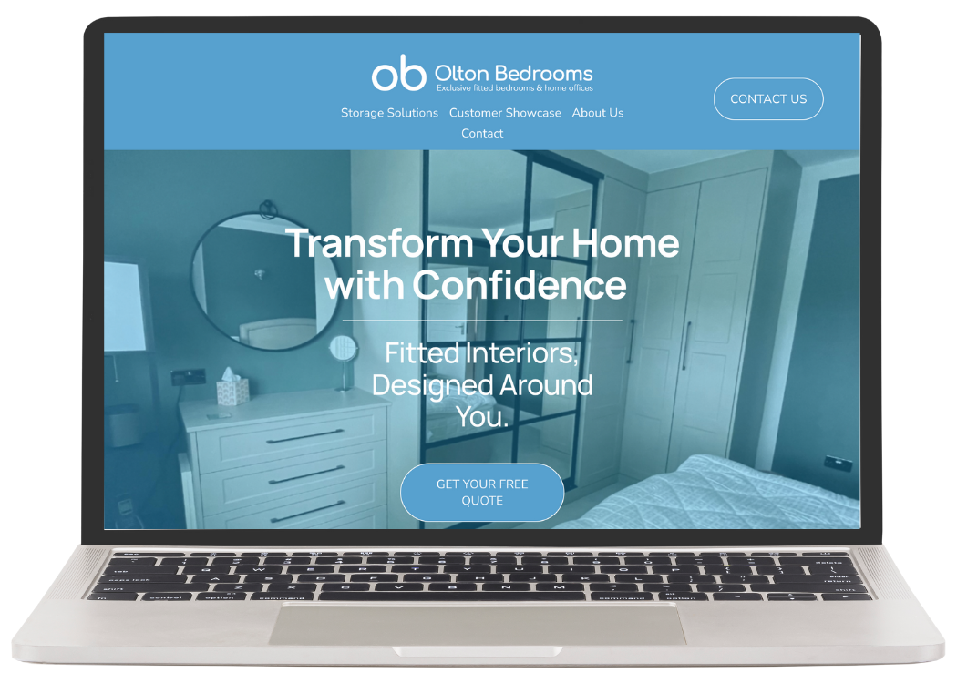 Website screenshot from Bearhat project showing marketing support for trades and home improvement businesses, featuring Olton Bedrooms’ refreshed Squarespace site.